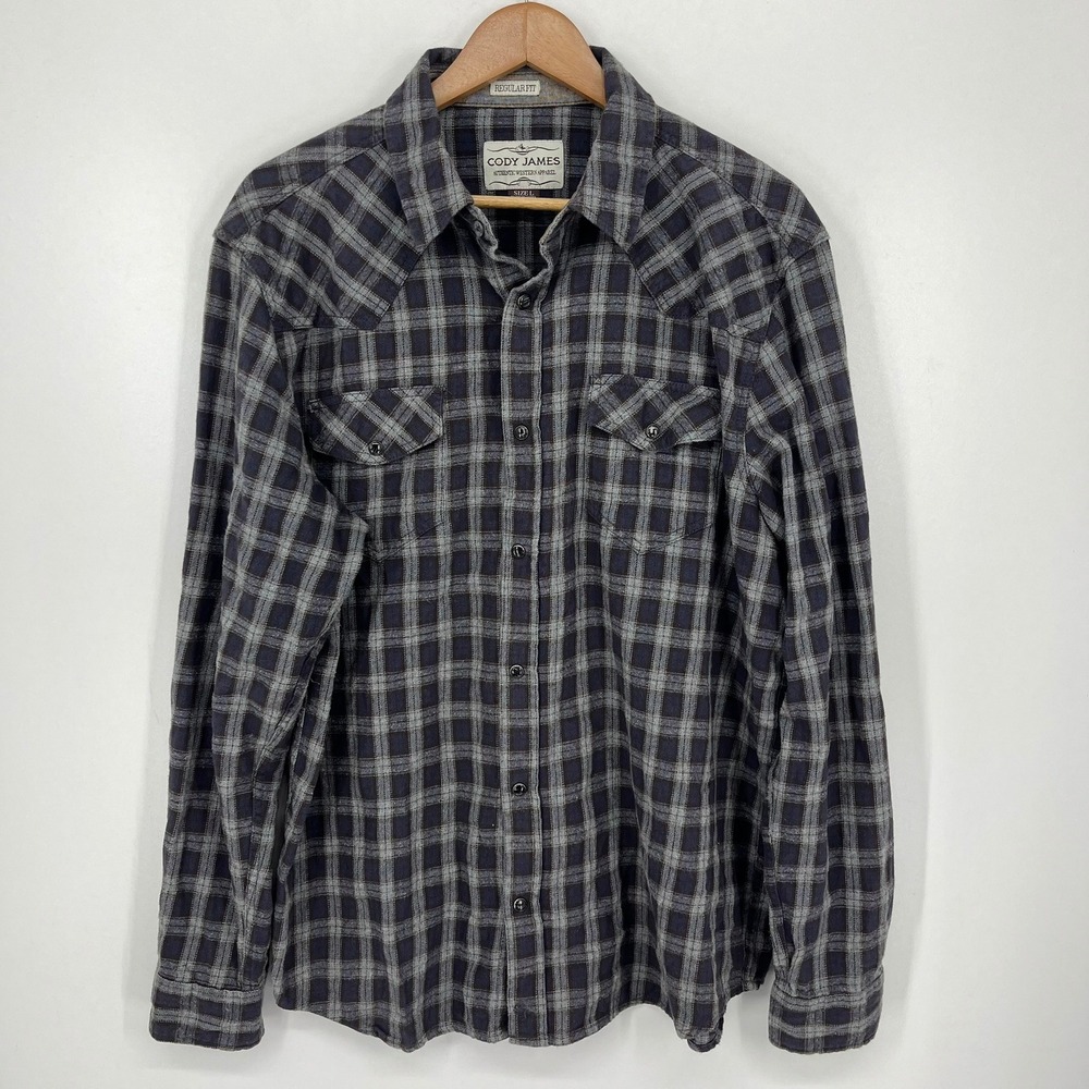 Cody James Mens Blue Grey Plaid Western Button Up Shirt Large Flannel
